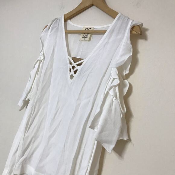 new PQ LA cream beige off-white cold shoulder flutter sleeve boho blouse top - Picture 2 of 6